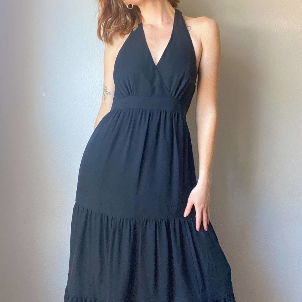 Talbots 100% Silk Black Tiered Halter Maxi Dress